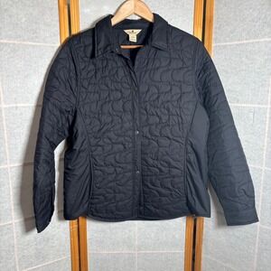 Woolrich Womens Quilted Button Up Jacket Black L Collared Lightweight Snap Front